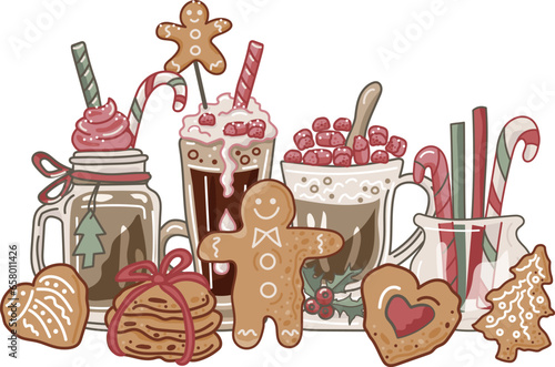Winter holidays cocktails, hot drinks and gingerbread cookies. Vector illustration.