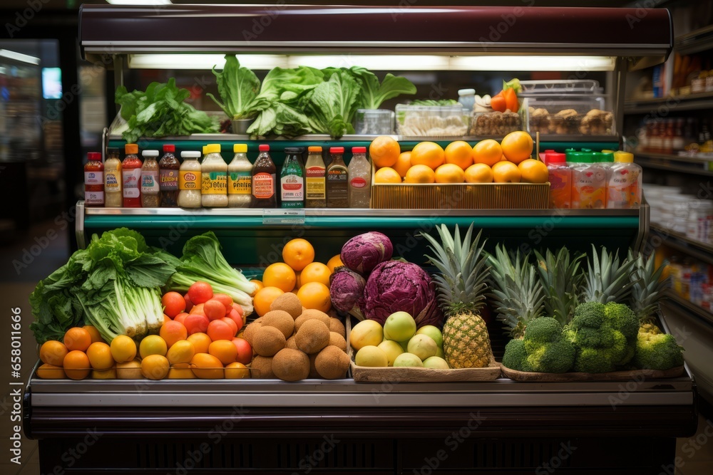 Convenience store's display of fresh produce and fruits, Generative AI