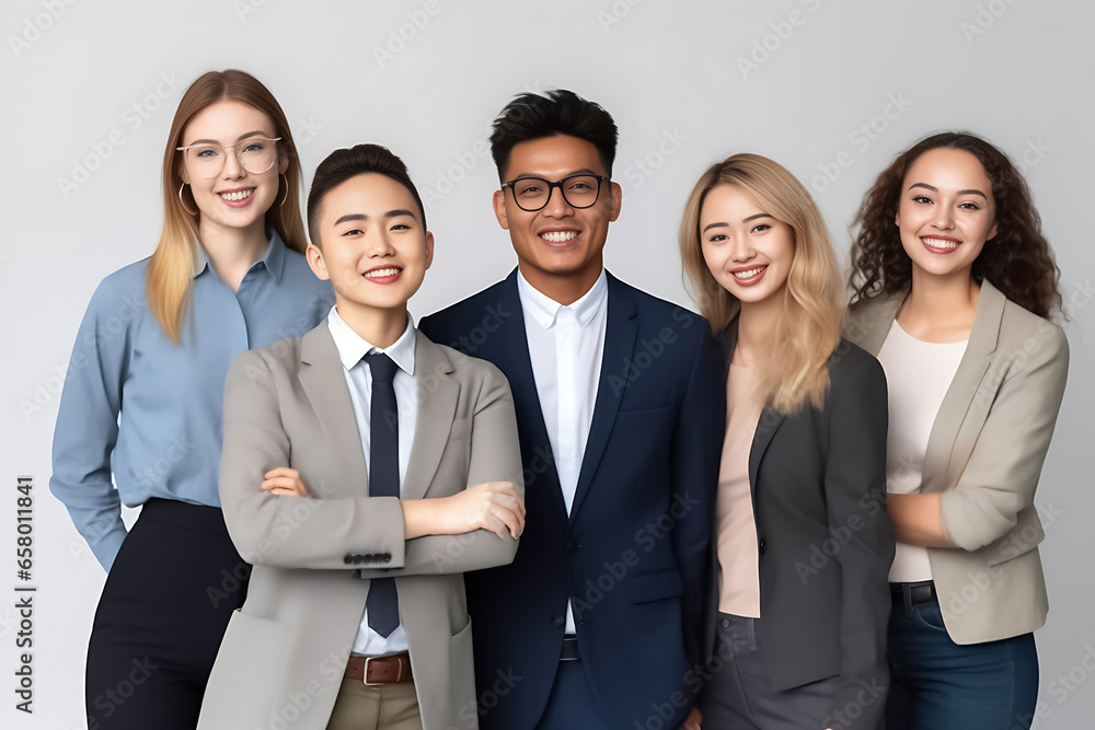 Portrait of successful group of Asian business people looking at camera. Portrait of happy businessmen and satisfied businesswomen standing as a team. Generative AI. Portrait of successful group of Asian business people looking at camera. Portrait of happy businessmen and satisfied businesswomen standing as a team. Generative AI.