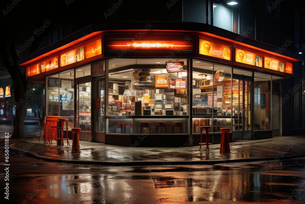 Convenience store's exterior at night, illuminated by neon lights, Generative AI