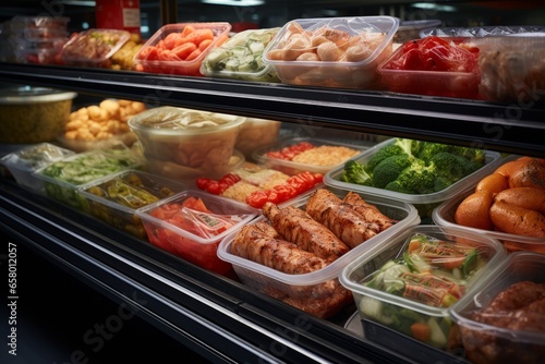 Convenience store's frozen food section, featuring a variety of ready-to-eat meals, Generative AI