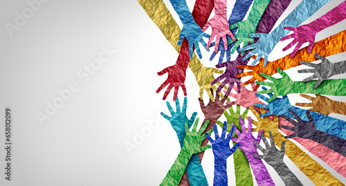 Belonging and inclusion concept as  a symbol of acceptance and integration with diversity and support of different cultures as diverse races and unity symbol holding hands together. photo