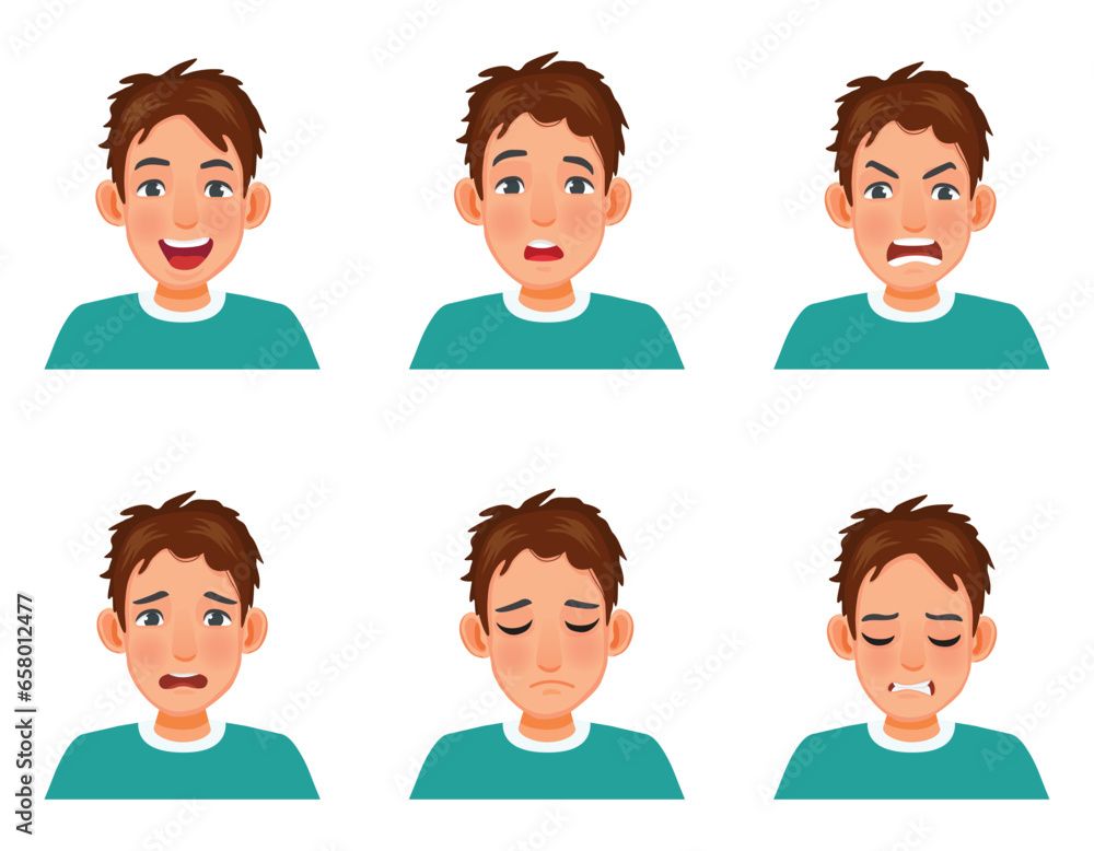 Young man with different facial emotion expressions such as laugh, confused, angry, worried, frustration, hurt - obrazy, fototapety, plakaty 