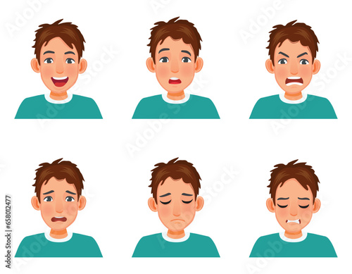 Young man with different facial emotion expressions such as laugh, confused, angry, worried, frustration, hurt