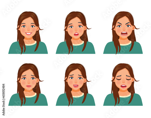 Young woman with different facial emotion expressions such as laugh, confused, angry, worried, frustration, hurt