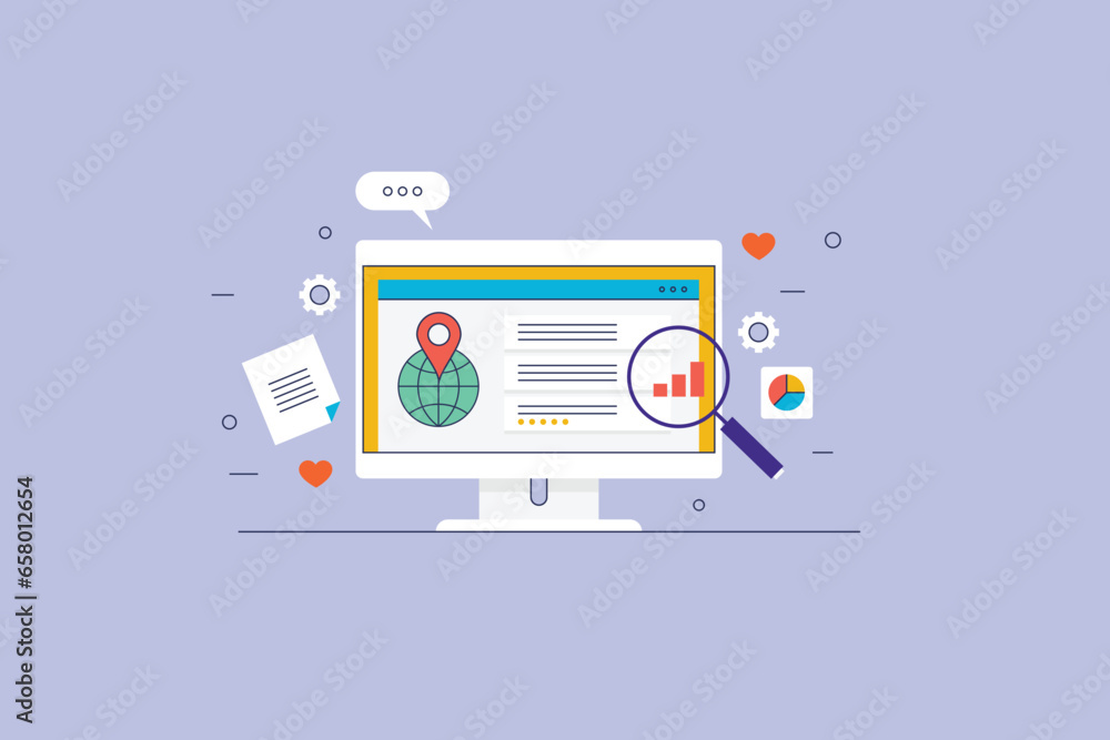 Search engine result page, SEO analysis tool, Search engine optimization, Maps on search result. Vector illustration banner. Search engine result page, SEO analysis tool, Search engine optimization, Maps on search result. Vector illustration banner.