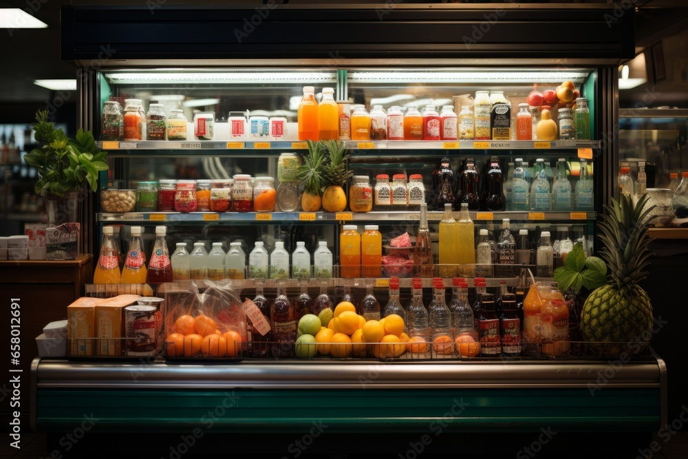 Convenience store's refrigerated section showcasing cold drinks and fresh food items, Generative AI
