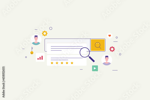 Search engine marketing, Search bar displaying search results, User intent search, Search analytics, SERP, Search optimization. Vector illustration background.