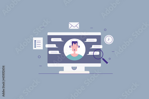 Company agent providing online customer support, Email, phone, chat support for 24*7, digital communication, Company representative resolving customer problem online, vector illustration background.