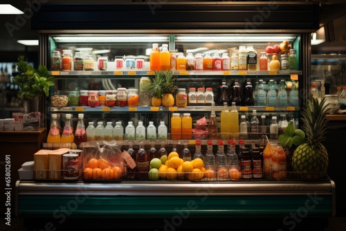 Convenience store's refrigerated section showcasing cold drinks and fresh food items, Generative AI