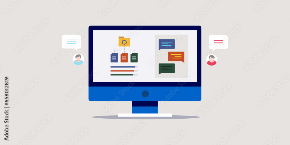 Project management and team collaboration software tool, digital communication with organise task, document, storage, shared project, business workflow concept, vector illustration web banner. Project management and team collaboration software tool, digital communication with organise task, document, storage, shared project, business workflow concept, vector illustration web banner.