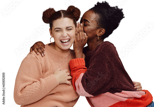 Gossip, friends and women laughing together at secret joke on png transparent background with smile on face. Comic, rumor and whisper in ear, black person with happiness talking to girl with humor