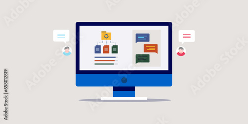 Project management and team collaboration software tool, digital communication with organise task, document, storage, shared project, business workflow concept, vector illustration web banner.