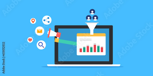 Digital marketing and sales funnel conversion report, customer data analytics web dashboard with business graph and diagram on laptop screen, vector illustration banner.