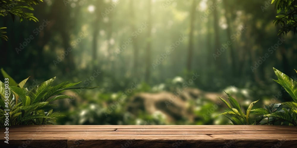 Wooden table in the forest, There is space to place products..Wooden table in the forest, There is space to place products.. Wooden table in the forest, There is space to place products..Wooden table in the forest, There is space to place products..