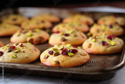 Tray of delicious cookies made with cranberries and pistachios. Perfect for any occasion or as sweet treat.
