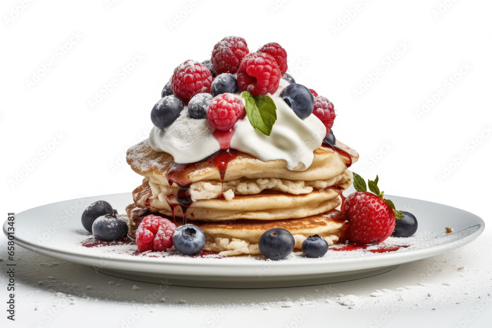 Stack of pancakes topped with fluffy whipped cream and fresh berries. Perfect for breakfast or brunch. Stack of pancakes topped with fluffy whipped cream and fresh berries. Perfect for breakfast or brunch.