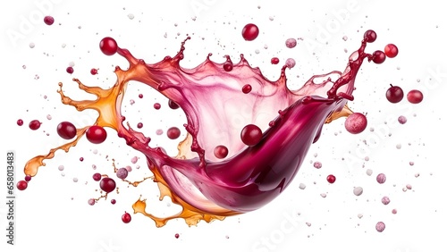 Pouring and splashing grape juice or wine on white background.