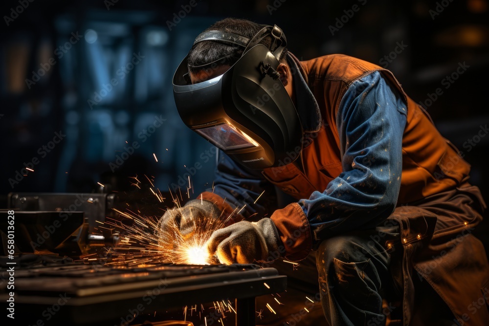 Young man in a welding mask and gloves performing welding work on a steel structure at a construction site, Generative AI Young man in a welding mask and gloves performing welding work on a steel structure at a construction site, Generative AI