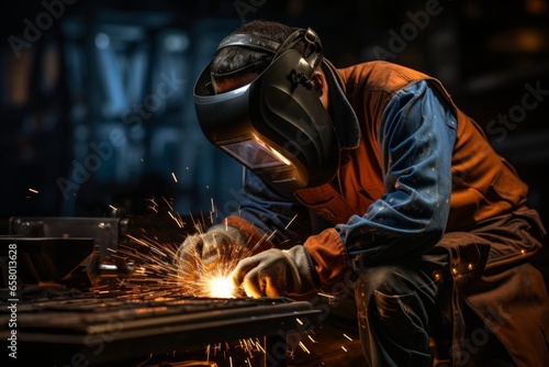 Young man in a welding mask and gloves performing welding work on a steel structure at a construction site, Generative AI