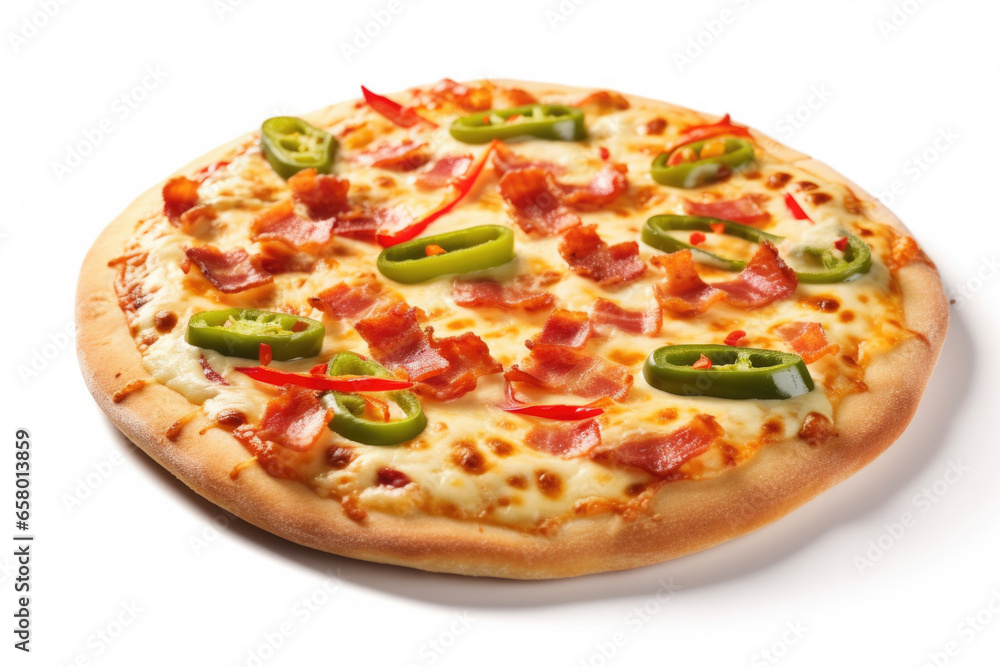 Delicious pizza topped with pepperoni, ham, and jalapenos. Perfect for tasty meal or party. Delicious pizza topped with pepperoni, ham, and jalapenos. Perfect for tasty meal or party.