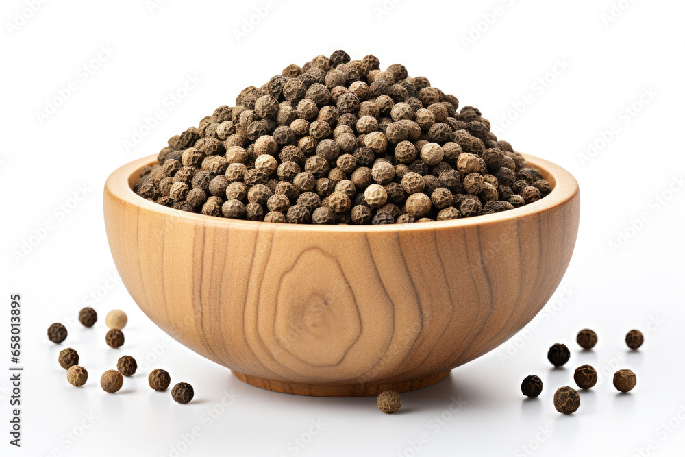 Wooden bowl filled with black pepper seeds. This versatile image can be used to add touch of spice to various culinary or food-related projects. Wooden bowl filled with black pepper seeds. This versatile image can be used to add touch of spice to various culinary or food-related projects.