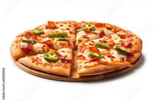 Picture of pizza that has been cut into four slices, placed on cutting board. This image can be used to depict delicious pizza ready to be served or to illustrate cooking and food preparation.