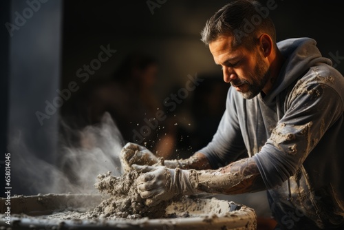Young man operating a concrete mixer and pouring concrete into a foundation during construction, Generative AI  © fahmy