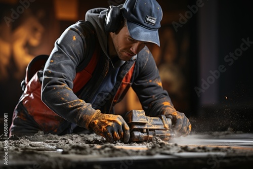 Young man operating a concrete mixer and pouring concrete into a foundation during construction, Generative AI 
