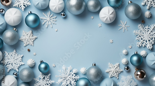 Merry Christmas and Happy Holidays Greeting Card with Christmas Ornaments and Gifts on a Top-View Blue Background
