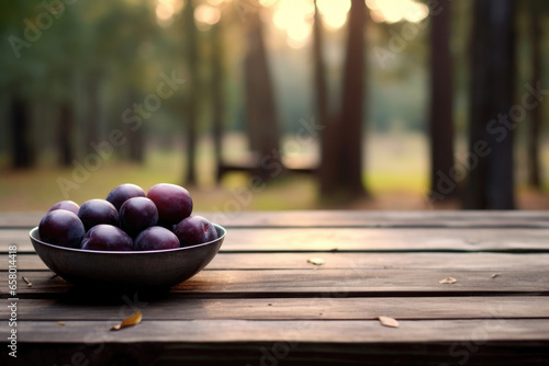 Simple yet inviting image of bowl of plums sitting on wooden table. This picture is perfect for food-related articles  recipe blogs  or as background for farmers market promotions.