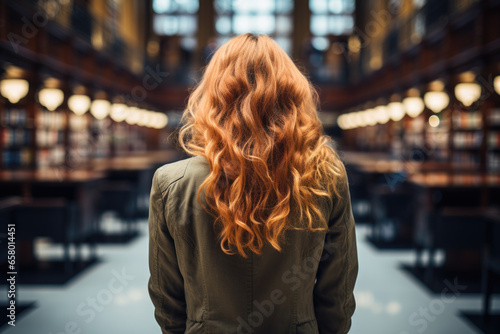 Woman with long red hair standing in library. Perfect for book lovers or educational content. © vefimov