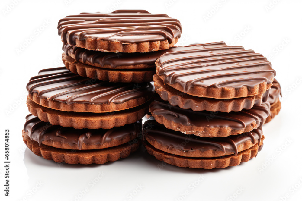 Stack of delicious chocolate covered cookies, perfect for indulging in sweet treat. This image can be used to showcase variety of desserts or as mouthwatering background for food-related designs. Stack of delicious chocolate covered cookies, perfect for indulging in sweet treat. This image can be used to showcase variety of desserts or as mouthwatering background for food-related designs.
