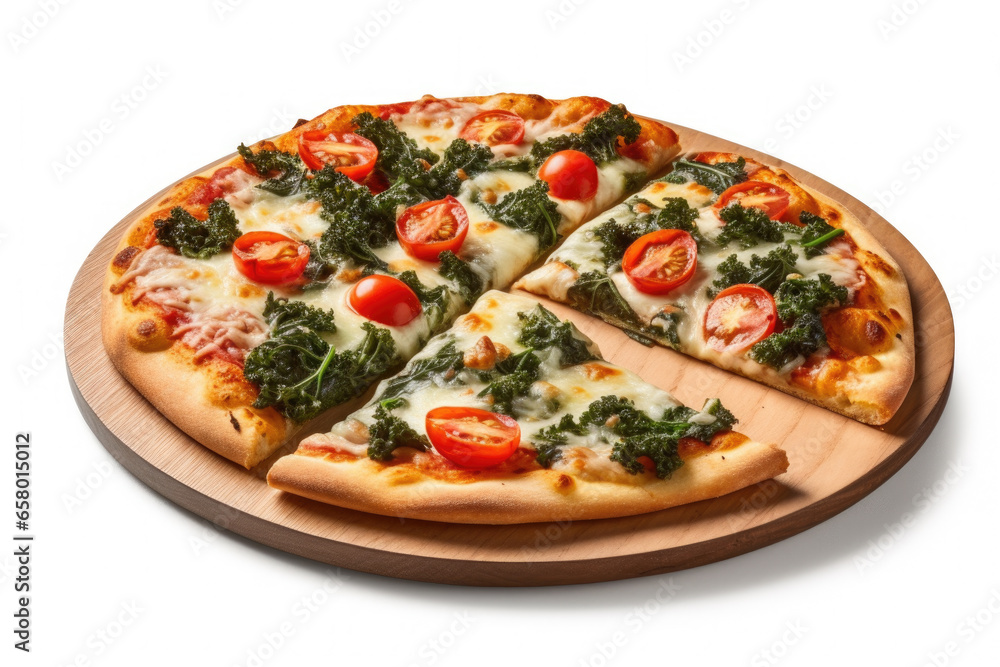 Delicious pizza with fresh tomatoes and spinach on wooden cutting board. This image can be used to showcase tasty homemade pizza or for food-related articles and blogs.