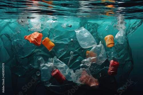 Picture depicting bunch of plastic trash floating in ocean. This image can be used to raise awareness about plastic pollution and its impact on marine life.