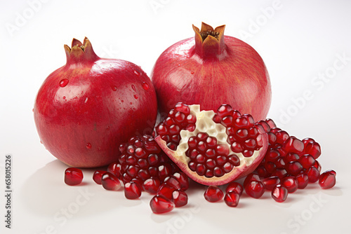 Two pomegranates cut open and placed on white surface. This image can be used to depict freshness, healthy eating, or as background for food-related content.