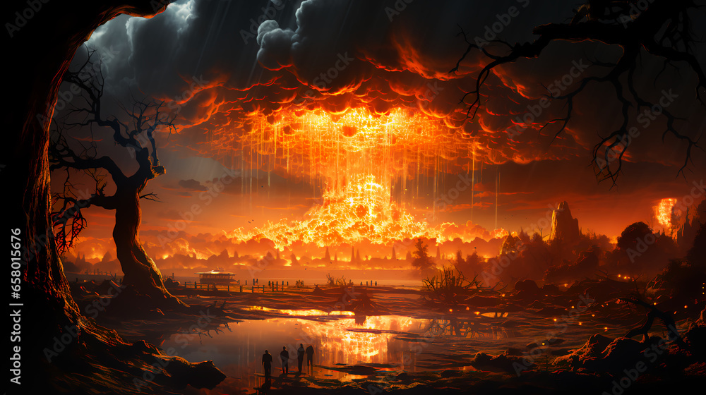 Mushroom of a nuclear explosion of a large powerful atomic bomb. Concept war and apocalypse end of the world - obrazy, fototapety, plakaty 