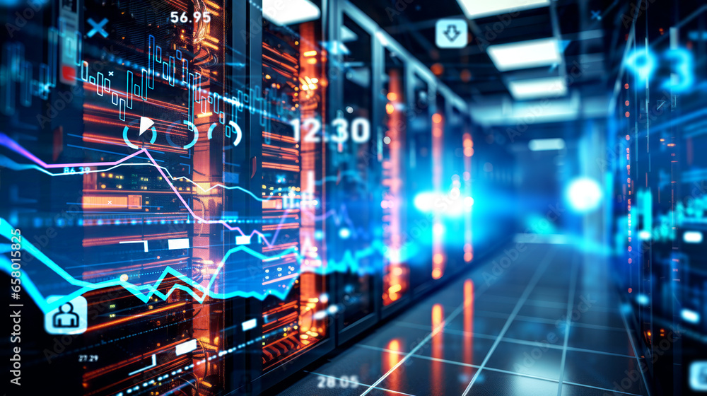 Fototapeta premium Data center room with virtual screen, digital analytics with lines and numbers
