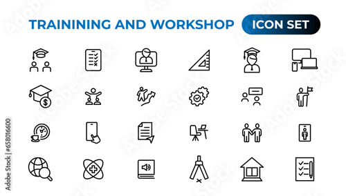 Trainining and workshop icon set. Containing team building, collaboration, teamwork.Outline icon collection.