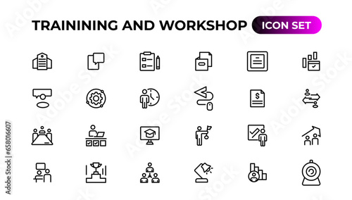 Trainining and workshop icon set. Containing team building, collaboration, teamwork.Outline icon collection. photo