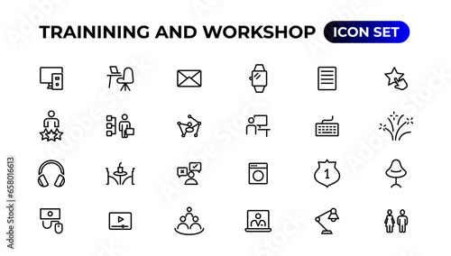 Trainining and workshop icon set. Containing team building, collaboration, teamwork.Outline icon collection.