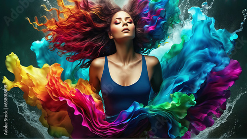 Vibrant Portrait of a Creative Young Woman in Studio with Unique Hairstyle and Colorful Motion photo