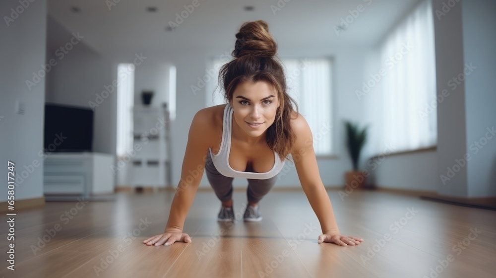 Young happy woman exercises at home Young happy woman exercises at home