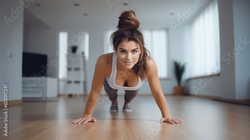 Young happy woman exercises at home