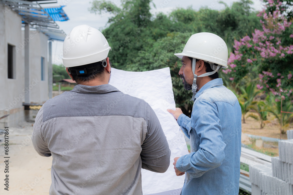 Team of Asian foremen, or head engineers construction supervisors wearing white helmet hold blueprint inspect building in workplace site, Professional supervisors discuss or solving problem concept Team of Asian foremen, or head engineers construction supervisors wearing white helmet hold blueprint inspect building in workplace site, Professional supervisors discuss or solving problem concept