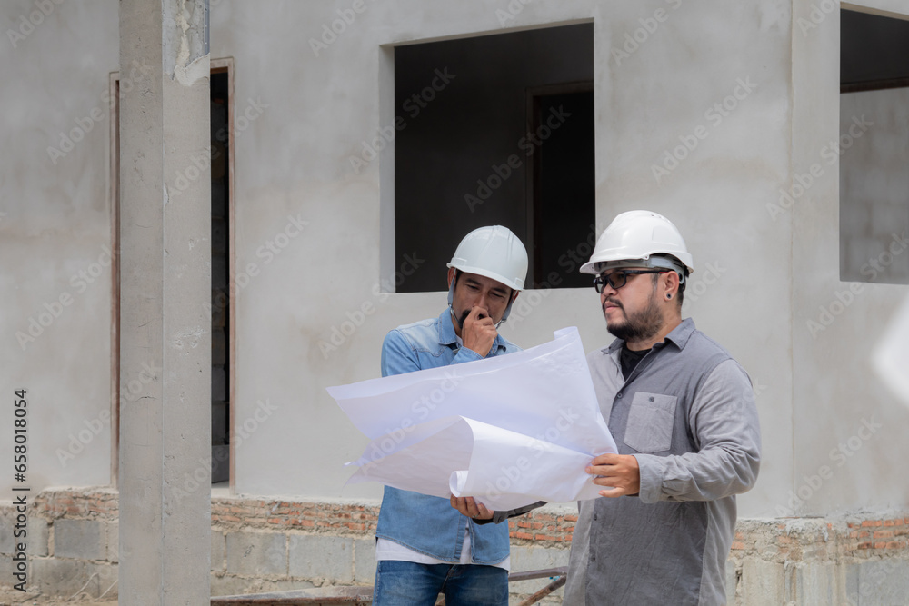 Two Indian engineering people standing in front of housing construction site looking blueprint paperwork, team Asian contractor men wearing white helmet consulting or discussing real estate project Two Indian engineering people standing in front of housing construction site looking blueprint paperwork, team Asian contractor men wearing white helmet consulting or discussing real estate project