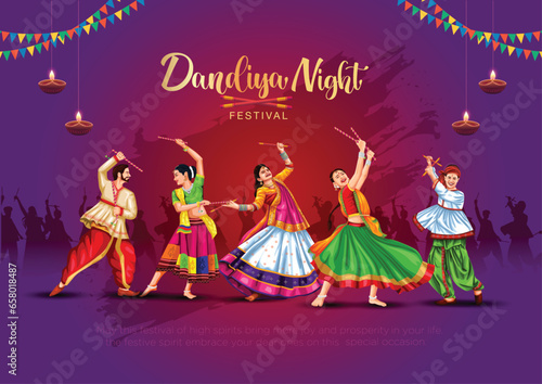 Garba Night Diwali poster for Navratri Dussehra festival of India. vector illustration design of peoples playing Dandiya dance.