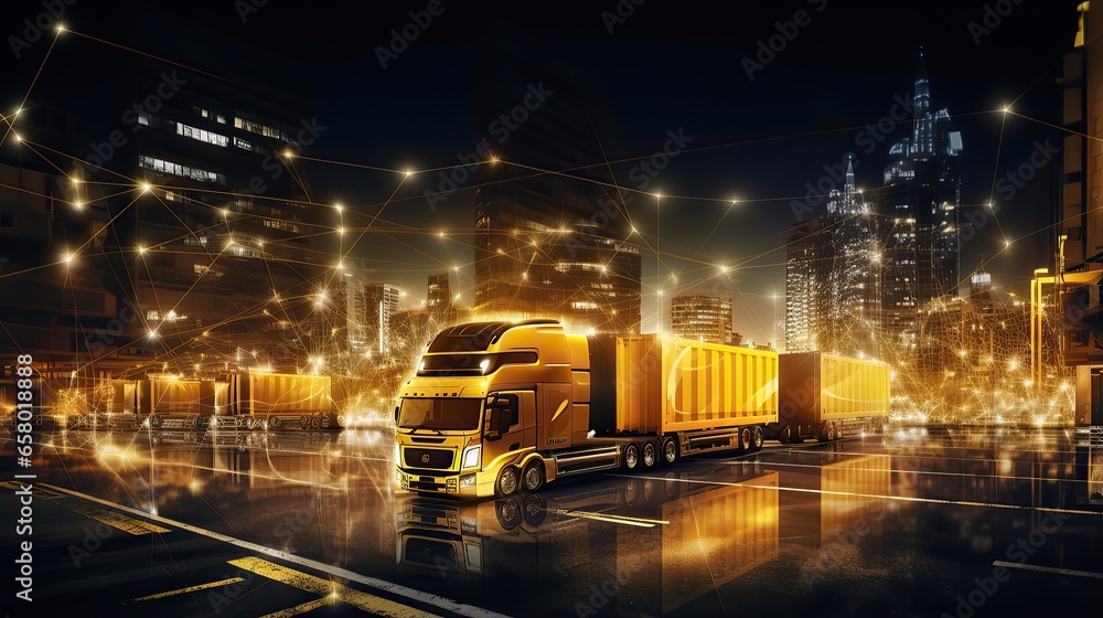 Fototapeta premium Transportation and logistics technology. Global business logistics import export and container cargo truck on highway, transportation industry concept.