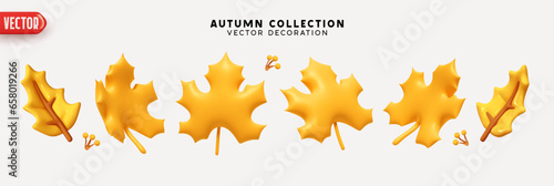 Set of autumn yellow maple leaves on a white background. Realistic 3d cartoon plastic style. Decorative elements for seasonal compositions. vector illustration