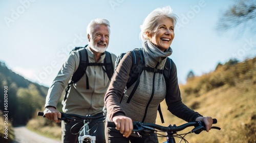 Active senior couple cycling outdoors on a road in nature. Travel cycling activity during their active retirement.